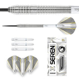 Steel tip tungsten darts with knurled grip, white and gold geometric flights, spare shafts, close-up barrel detail, and packaging display.