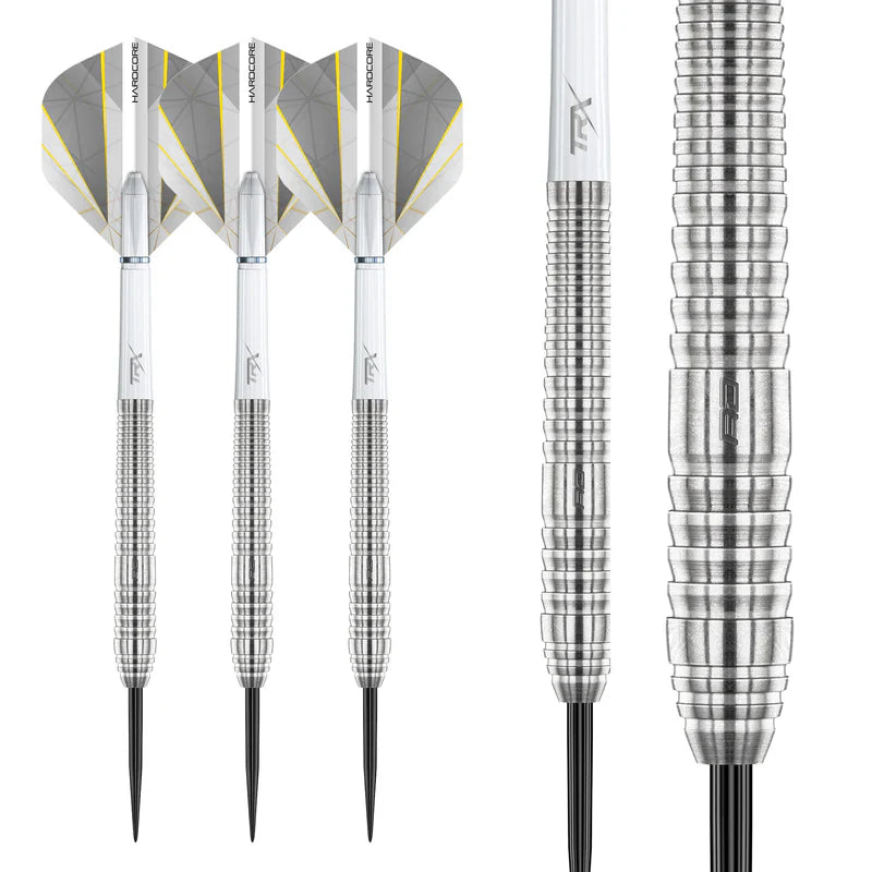 Three 90% tungsten darts on white background with close-up of ringed barrel grip and slim steel tip for precision dart players.