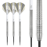 Three 90% tungsten darts on white background with close-up of ringed barrel grip and slim steel tip for precision dart players.