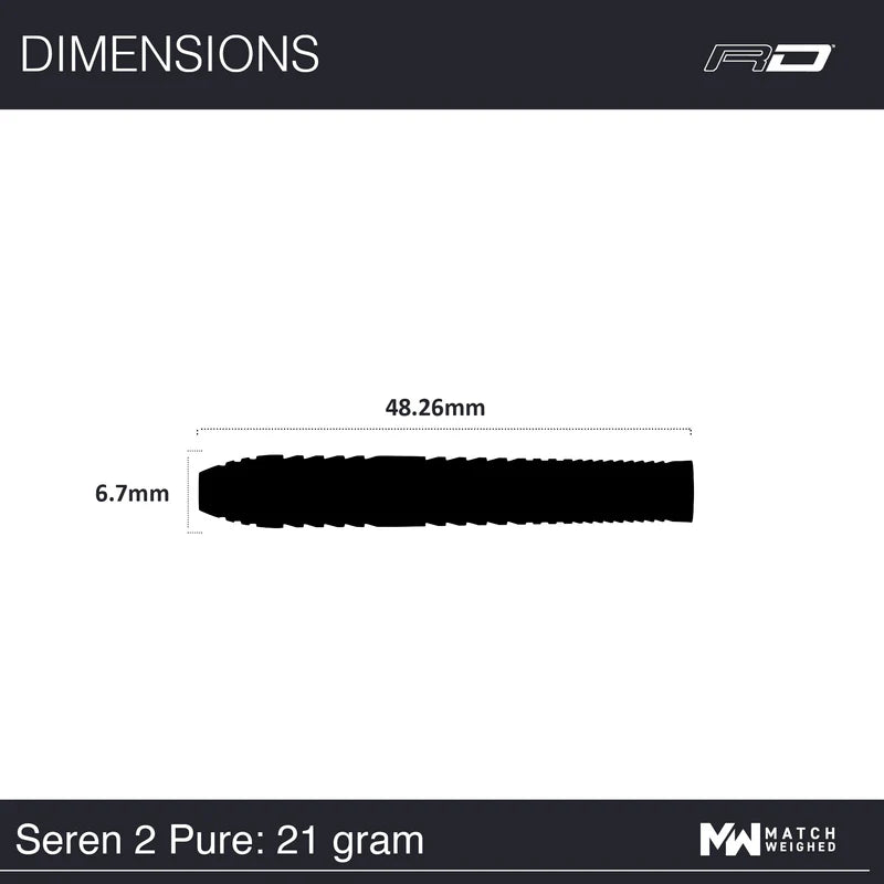 Dart barrel side view with 48.26mm length and 6.7mm diameter measurements for 21g 90% tungsten darts, isolated on white