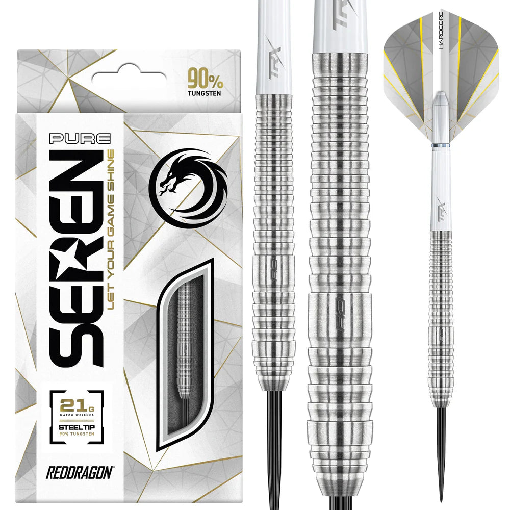 Steel tip tungsten darts with ringed grip texture shown alongside retail packaging and flight design on white background