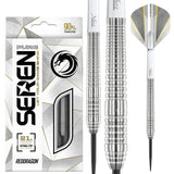 Steel tip tungsten darts with ringed grip texture shown alongside retail packaging and flight design on white background