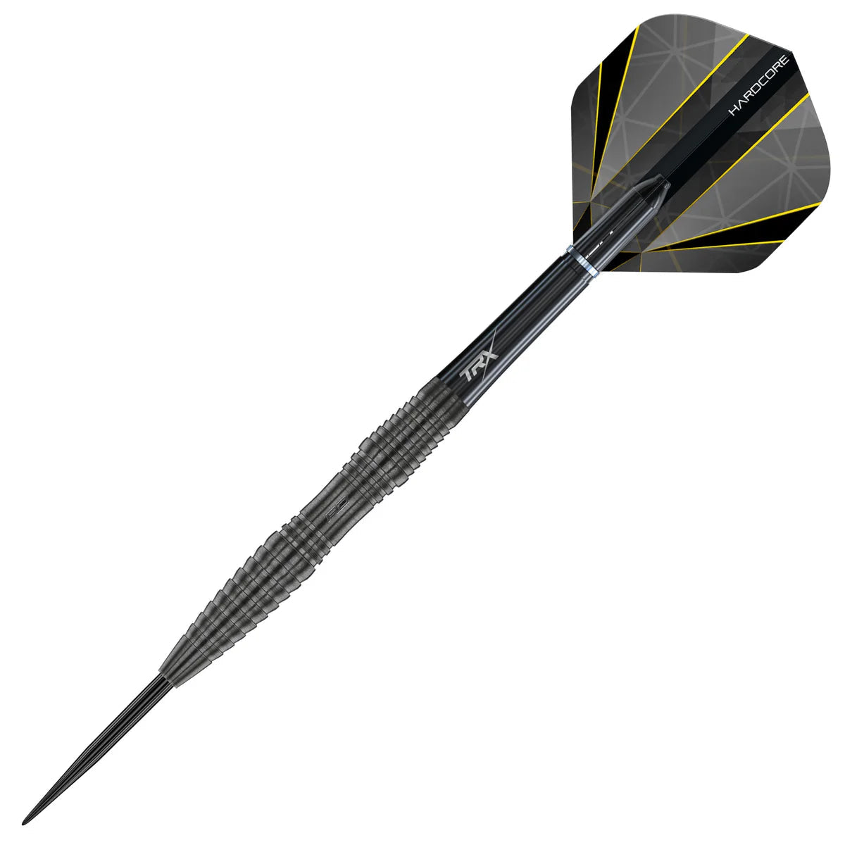 Full view tungsten dart with precision grip rings, black shaft, geometric black and yellow flight, isolated on white background