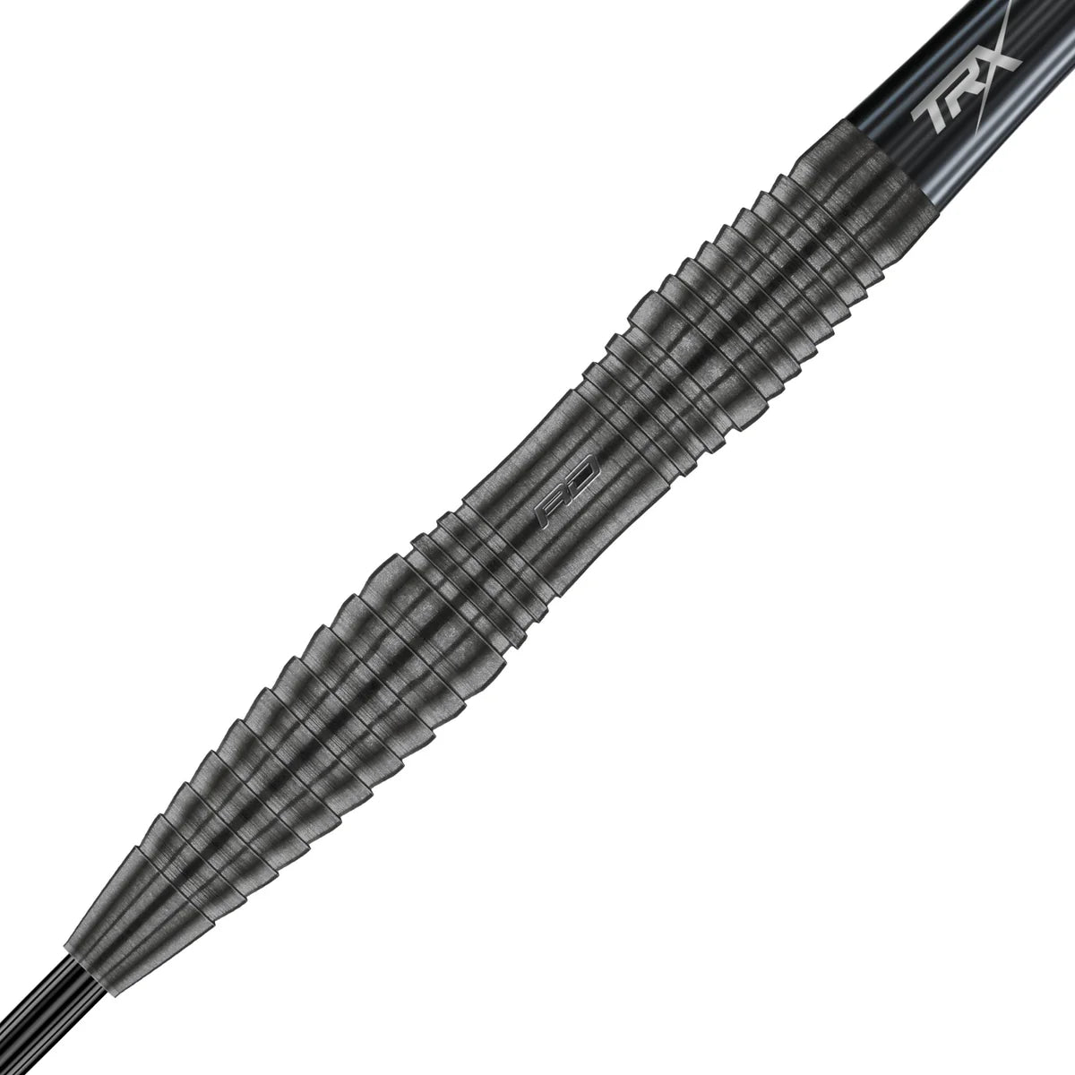 Macro close-up of 90% tungsten dart barrel with precision grip rings, black onyx finish, and engraved detailing, isolated on white