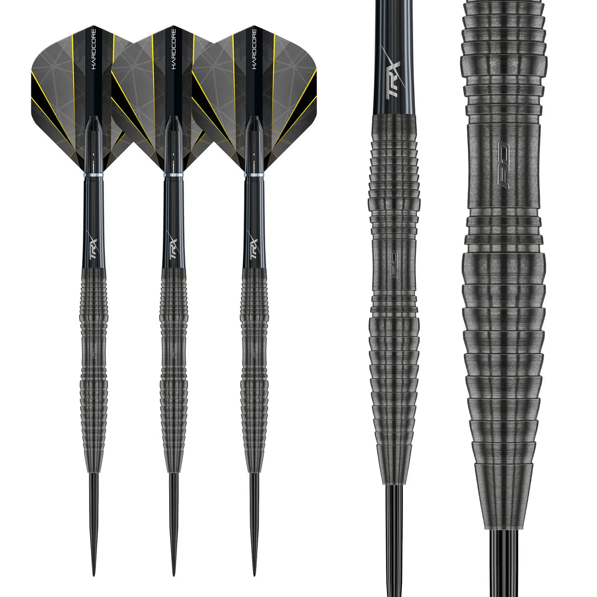 90% tungsten darts set showing full view and close-up barrel grip texture, black points, and geometric flights on white background