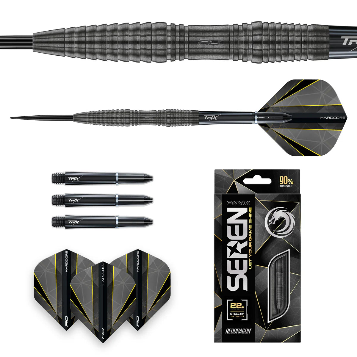 Top-down display of 90% tungsten dart set with black grooved barrel, spare shafts, flights, full dart, and retail packaging