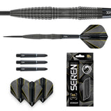 Top-down display of 90% tungsten dart set with black grooved barrel, spare shafts, flights, full dart, and retail packaging