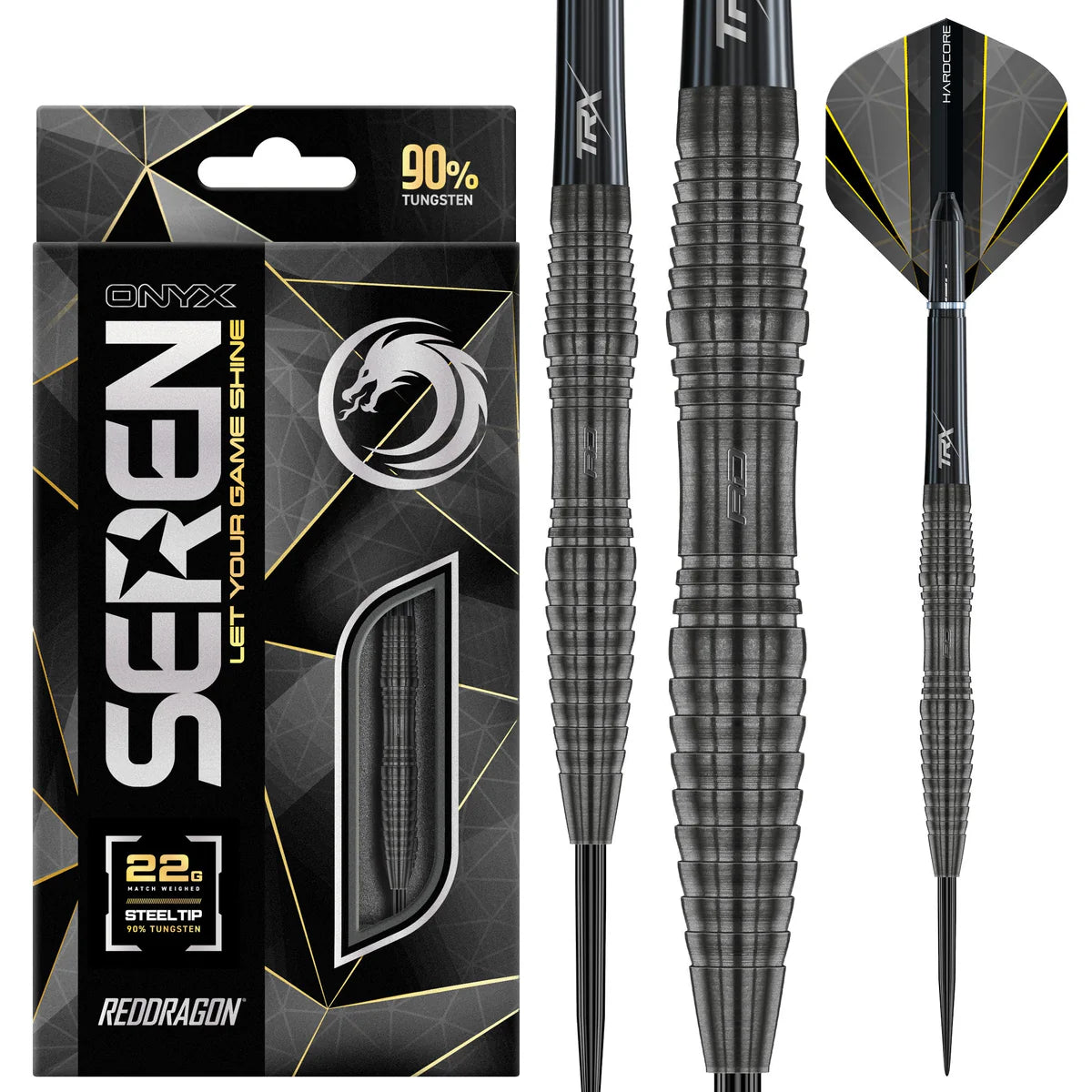 Steel tip tungsten darts set with black onyx finish, precision ring grip, and matching packaging, full view for dart players