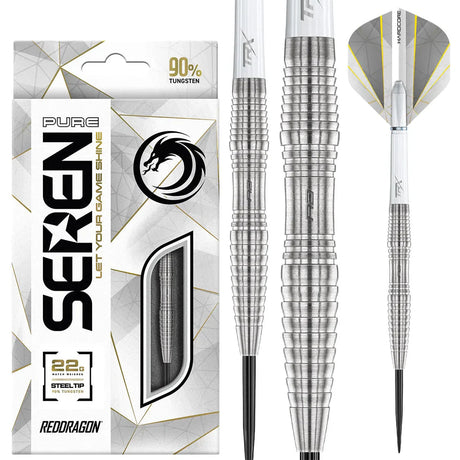 Steel tip tungsten darts with precision ringed barrel grip, shown in packaging and isolated on white, featuring silver flights for dart players