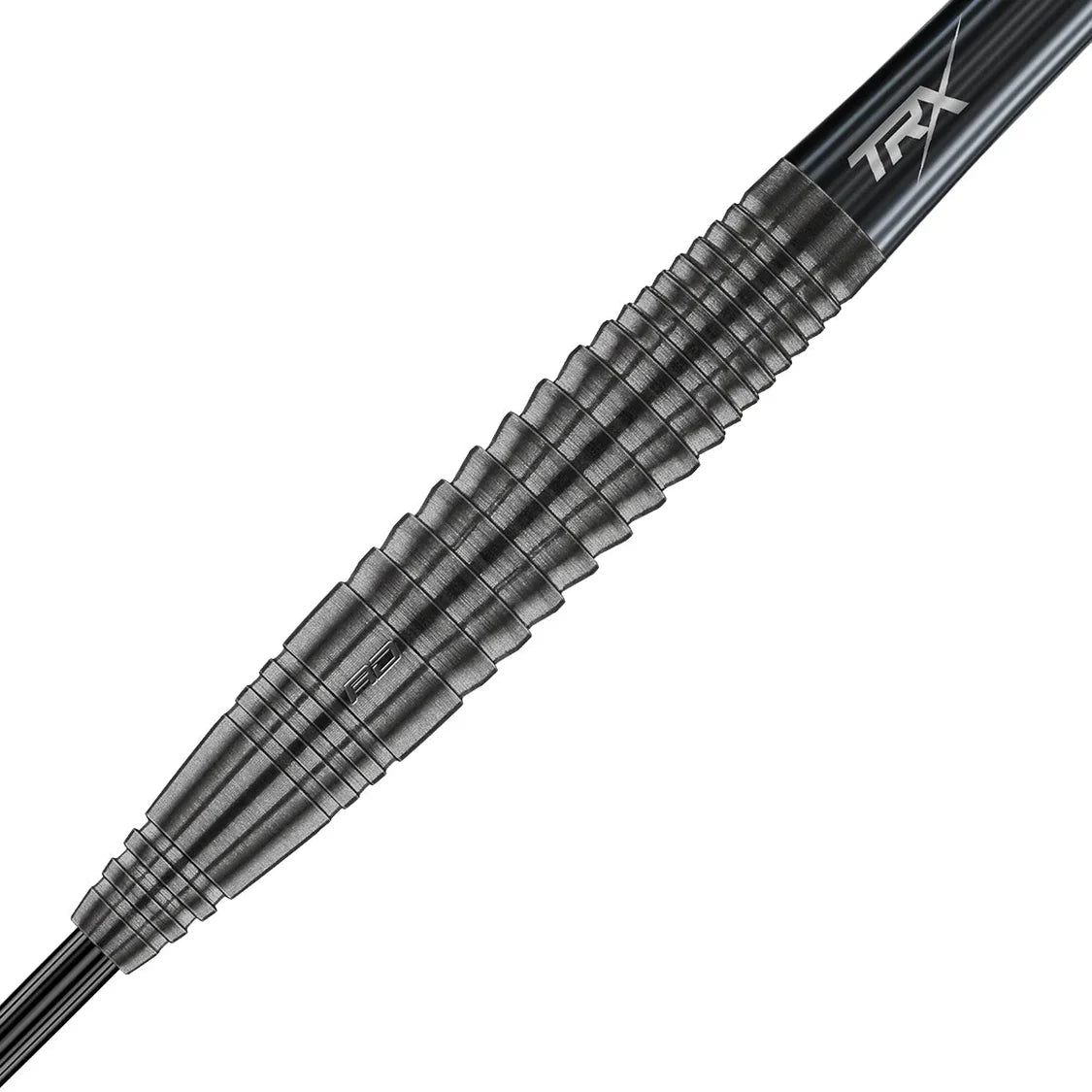 Macro close-up of 90% tungsten dart barrel showing ringed grip texture and matte onyx coating, isolated white background