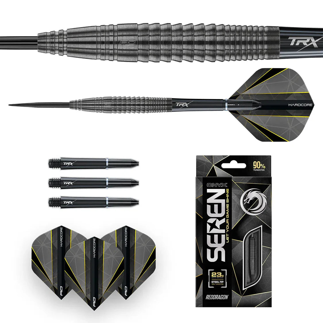 Close-up and full view of 90% tungsten steel tip dart with ringed grip, black stems, geometric flights, and retail packaging on white background