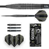 Close-up and full view of 90% tungsten steel tip dart with ringed grip, black stems, geometric flights, and retail packaging on white background