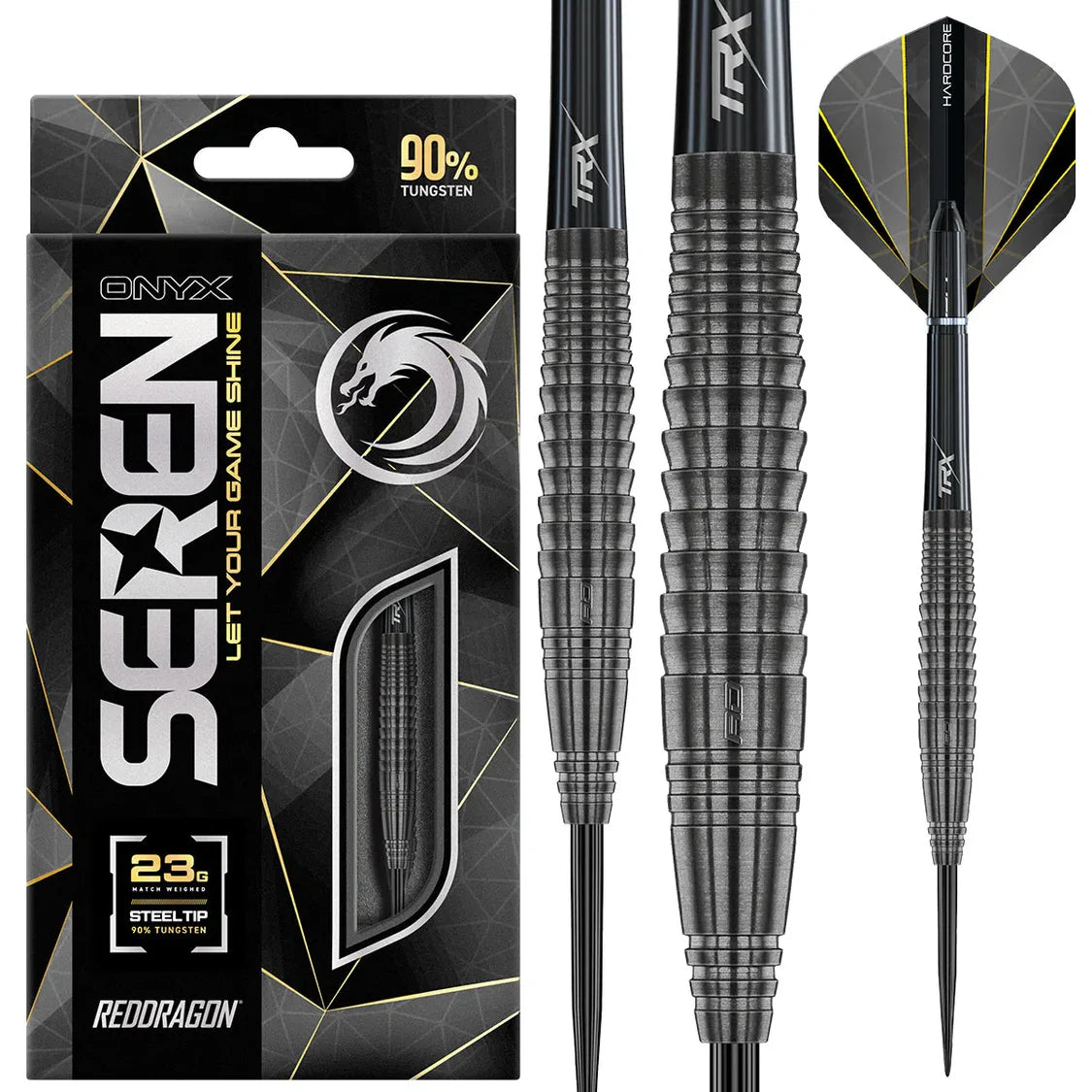 90% tungsten steel tip darts with black ringed grip, angular flights, and original packaging on white background