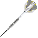 Angled full view of 90% tungsten dart with ringed grip barrel, transparent stem, and geometric flight on white background