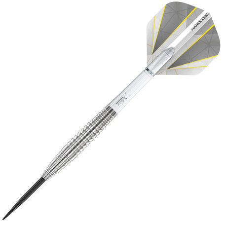 Angled full view of 90% tungsten dart with ringed grip barrel, transparent stem, and geometric flight on white background