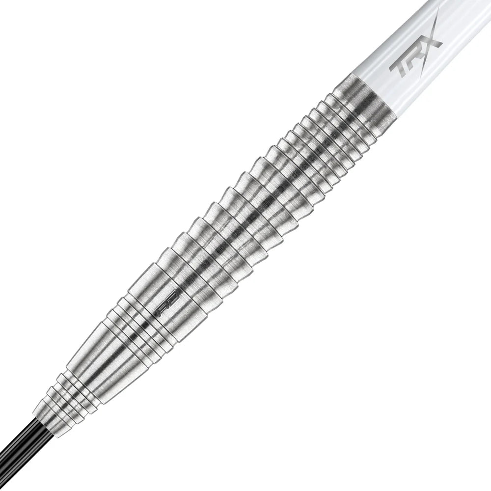 Close-up of 90% tungsten dart barrel with precision ring grip and engraved detail, macro view on white background