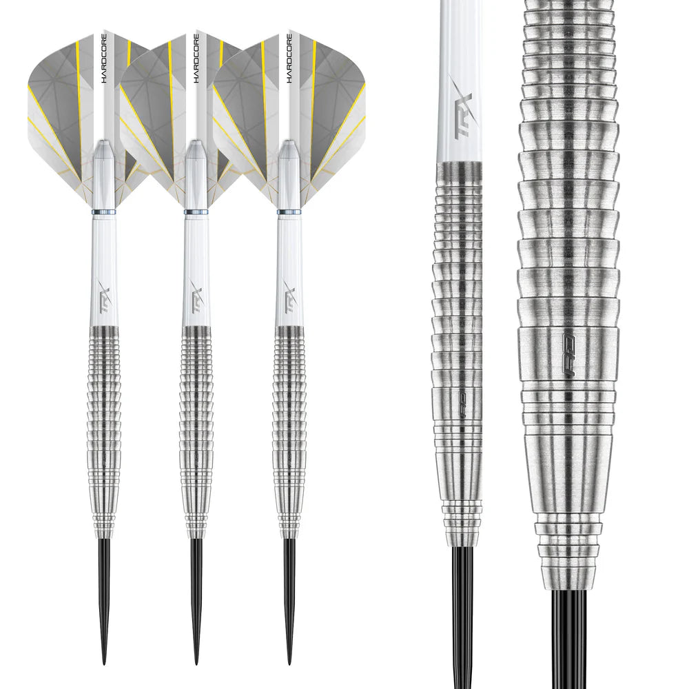 Three tungsten darts arranged on white background with detailed close-up of precision ringed barrel grip texture
