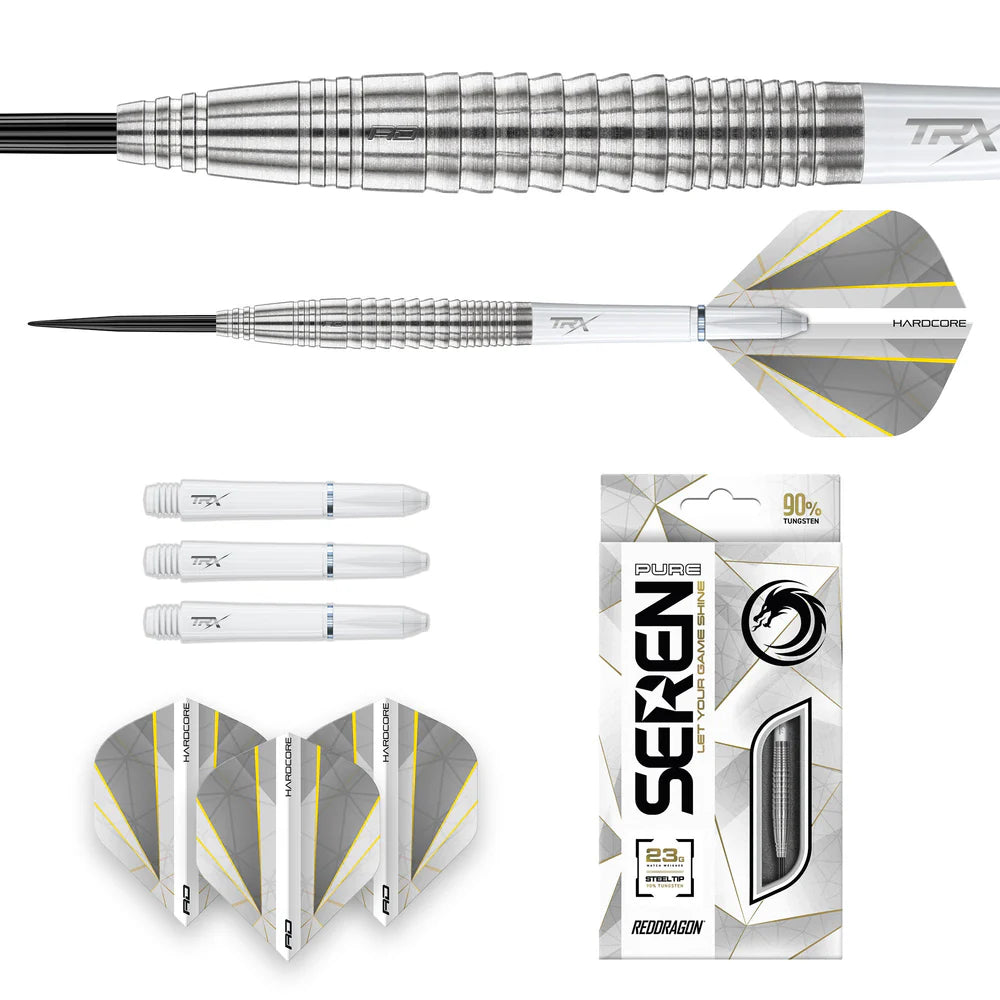 Tungsten dart set with detailed barrel close-up, full dart profile, spare white stems, flights, and 90% tungsten packaging on white background