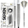 Steel tip tungsten darts set with packaging, close-up on grooved barrel grip and white flights, ideal for competitive darts players