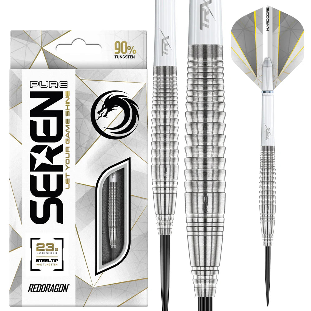 Steel tip tungsten darts set with packaging, close-up on grooved barrel grip and white flights, ideal for competitive darts players