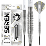 Steel tip tungsten darts set with packaging, close-up on grooved barrel grip and white flights, ideal for competitive darts players