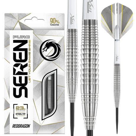 Steel tip tungsten darts set with packaging, close-up on grooved barrel grip and white flights, ideal for competitive darts players