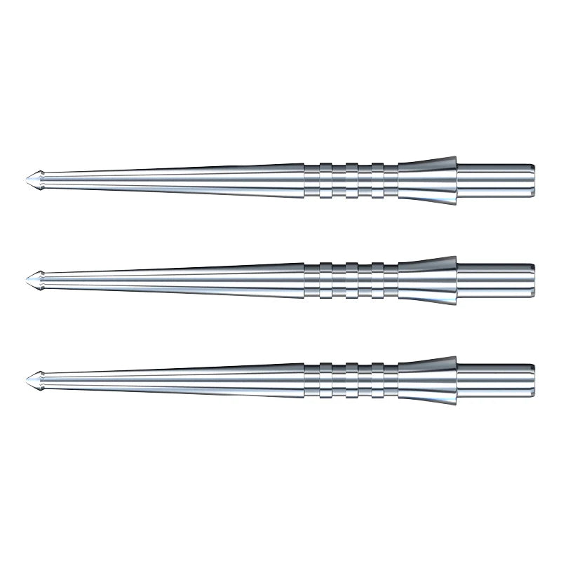 Three silver raptor dart points with precision grooves and spearhead tips, full view on white background, dart accessory set