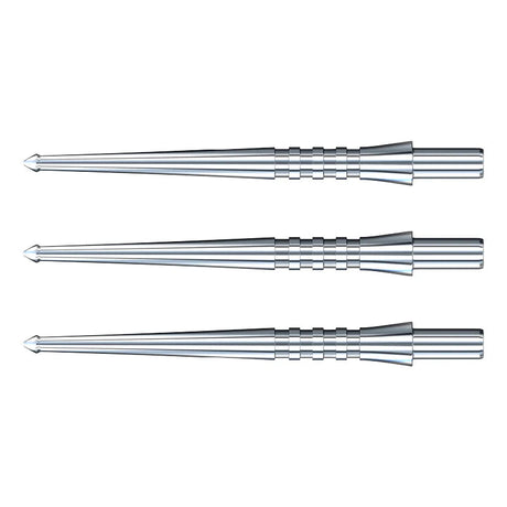 Three silver raptor dart points with precision grooves and spearhead tips, full view on white background, dart accessory set