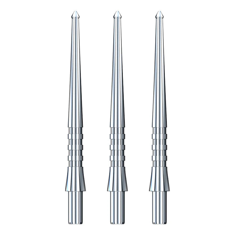 Three silver dart points upright on white background, spearhead tips and grooved shafts highlighted for dartboard precision