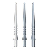 Three silver dart points upright on white background, spearhead tips and grooved shafts highlighted for dartboard precision