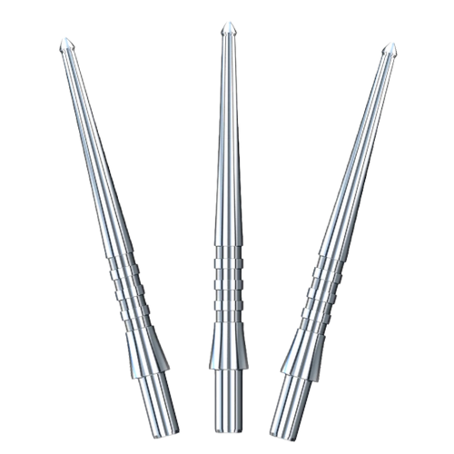 Three silver steel dart points with grip grooves and spearhead tips, isolated on white background for precision darts setup