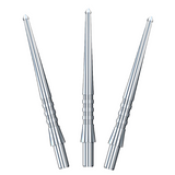 Three silver steel dart points with grip grooves and spearhead tips, isolated on white background for precision darts setup