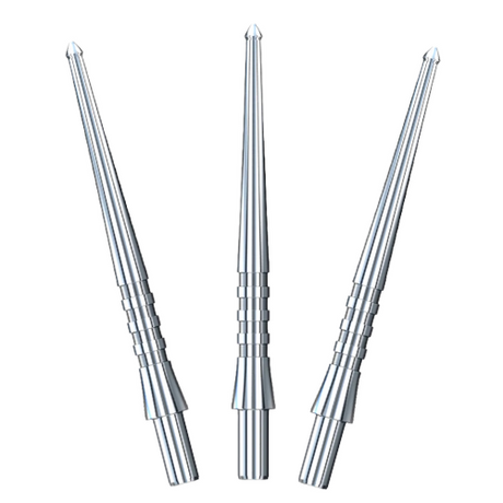 Three silver steel dart points with grip grooves and spearhead tips, isolated on white background for precision darts setup