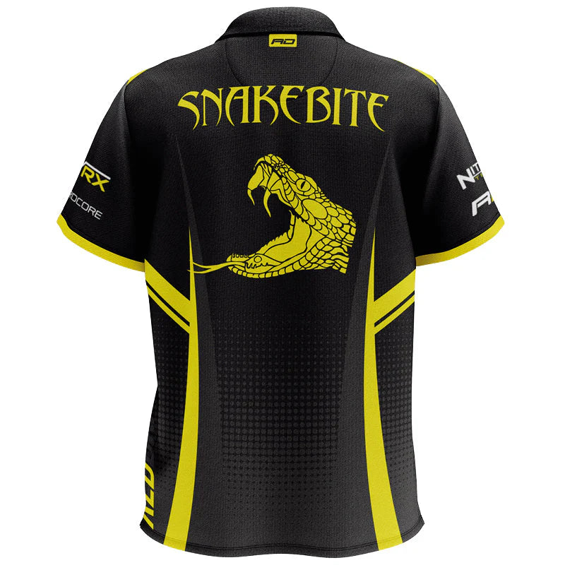 Back view of Snakebite Tour darts shirt with bold yellow snake graphic and electric style for professional darts players