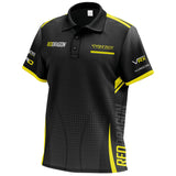 Black and yellow darts polo shirt angled view, tour edition with Snakebite graphics, isolated on white background