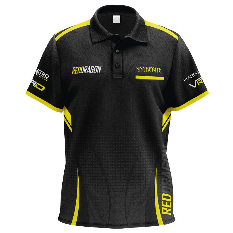 Full front view of Snakebite Tour darts shirt, black with yellow accents, logos and text, isolated on white background