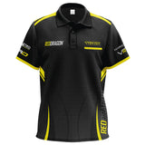 Full front view of Snakebite Tour darts shirt, black with yellow accents, logos and text, isolated on white background