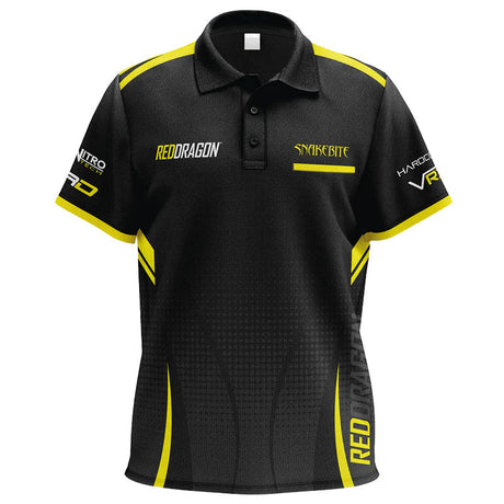 Full front view of Snakebite Tour darts shirt, black with yellow accents, logos and text, isolated on white background