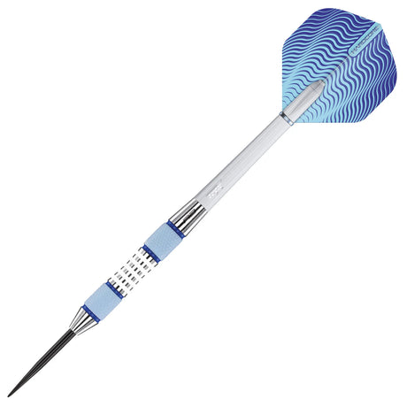Single tungsten dart full view on white, featuring textured blue grips, knurled barrel, and blue patterned flight for dart players