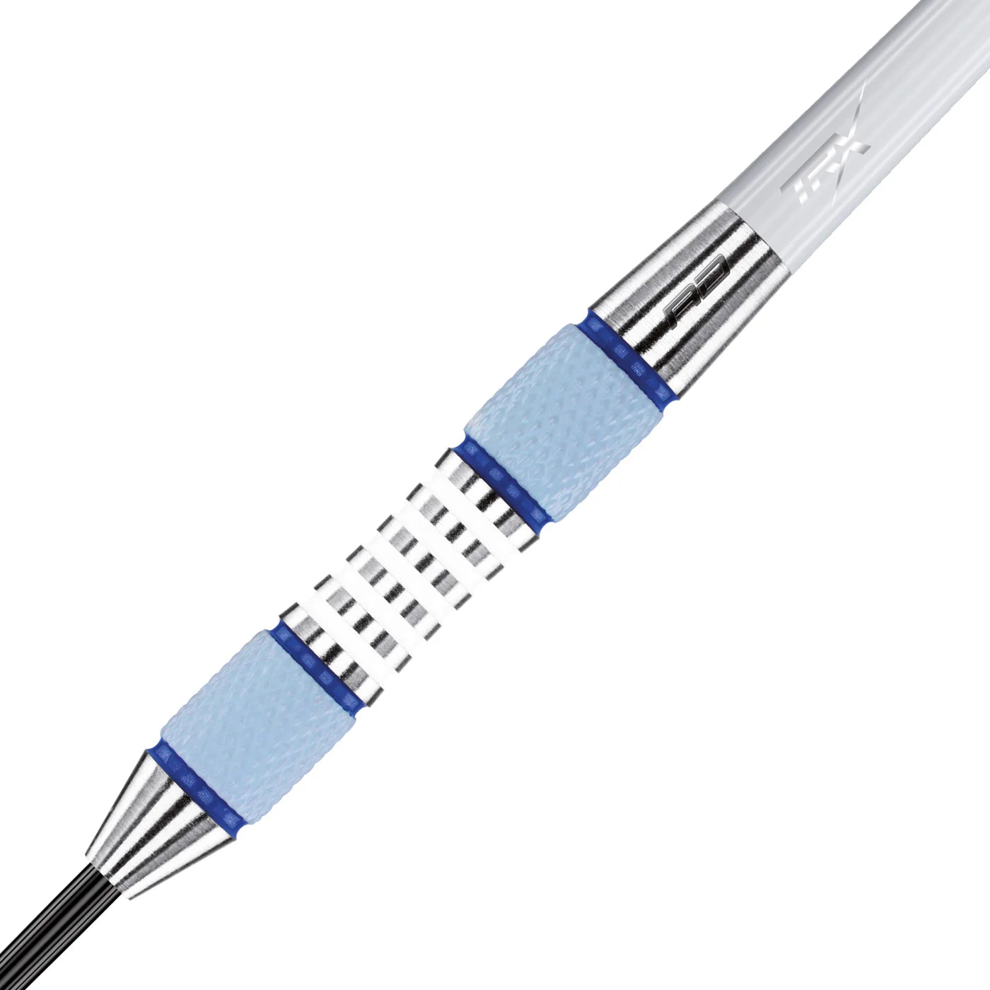 Close-up view of tungsten dart barrel with precision ringed grip, blue knurled sections, and striped silver detailing