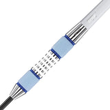 Close-up view of tungsten dart barrel with precision ringed grip, blue knurled sections, and striped silver detailing