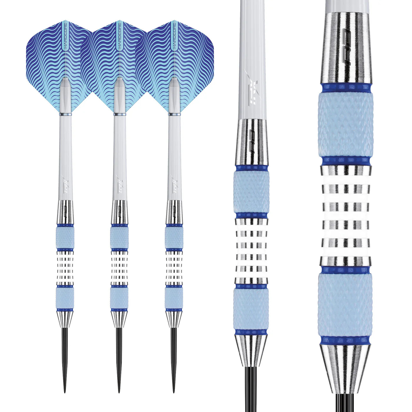 85% tungsten darts set shown upright with close-up of blue grip, silver grooved barrel, sharp steel tip, and textured flight design