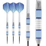 85% tungsten darts set shown upright with close-up of blue grip, silver grooved barrel, sharp steel tip, and textured flight design