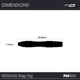 Dart barrel silhouette with scale reference showing 48.26mm length and 7.16mm diameter, ideal for tungsten dart dimensions