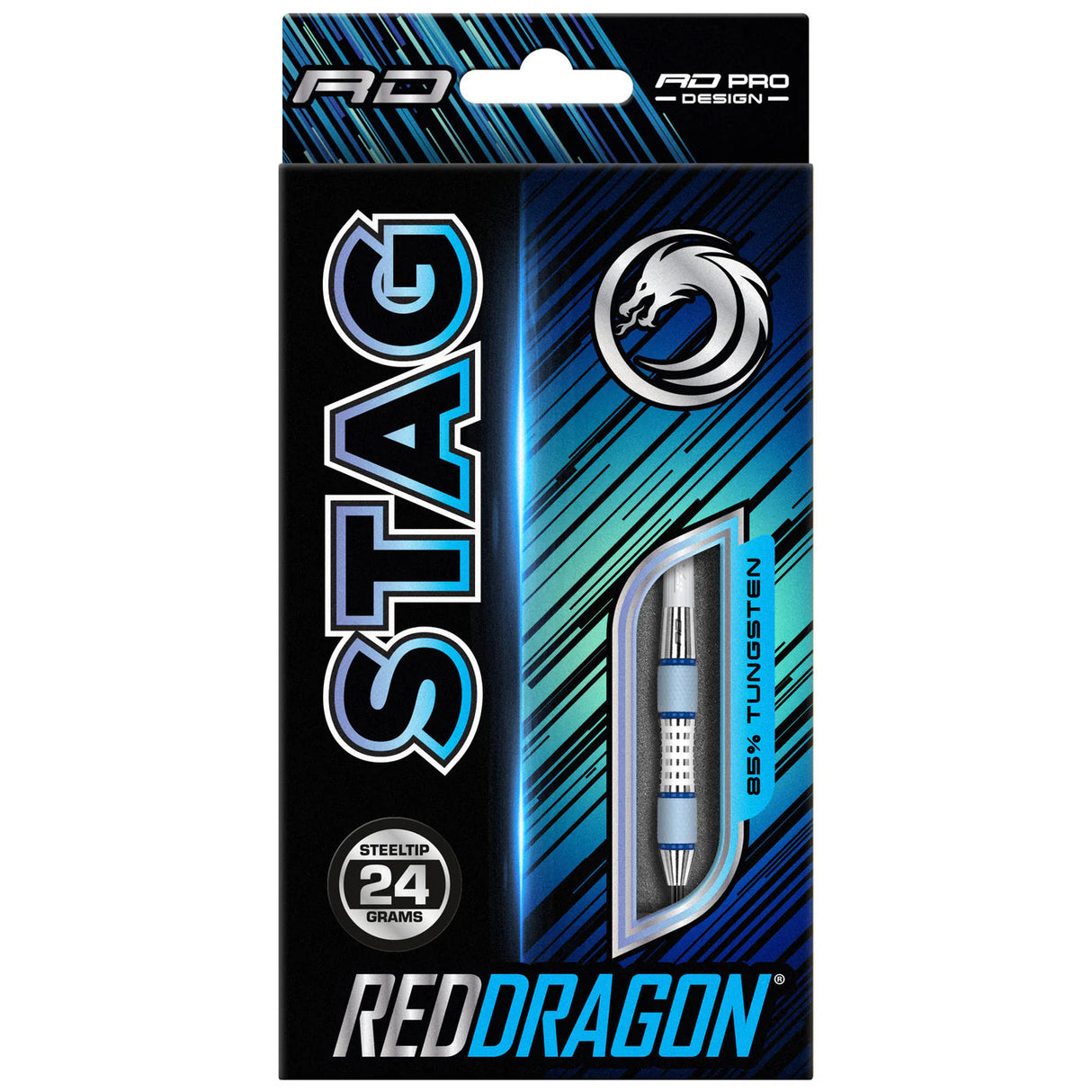 Stag 85% tungsten darts in retail packaging with viewing window highlighting steel tip and precision grip barrel design.