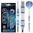 Steel tip tungsten darts with blue grip and silver barrel shown in packaging and close-up, highlighting grooved grip and textured flights.