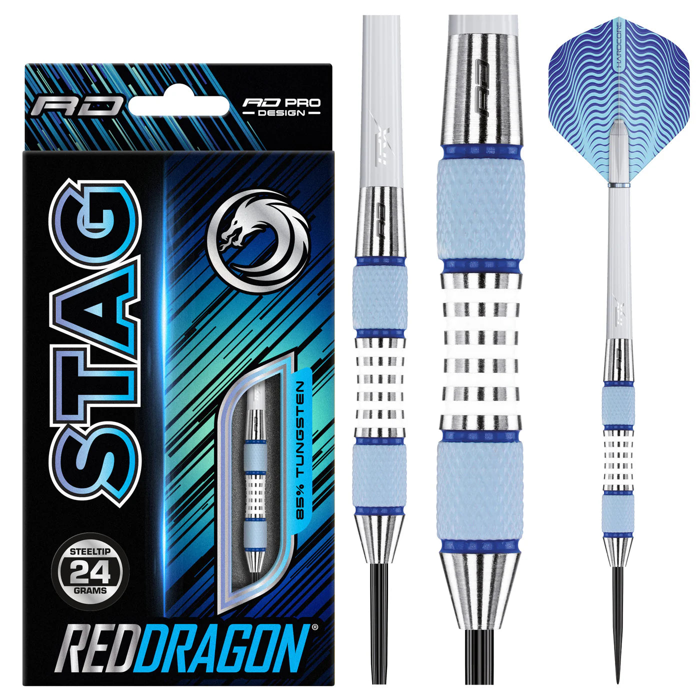 Steel tip tungsten darts with blue grip and silver barrel shown in packaging and close-up, highlighting grooved grip and textured flights.
