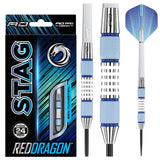 Steel tip tungsten darts with blue grip and silver barrel shown in packaging and close-up, highlighting grooved grip and textured flights.