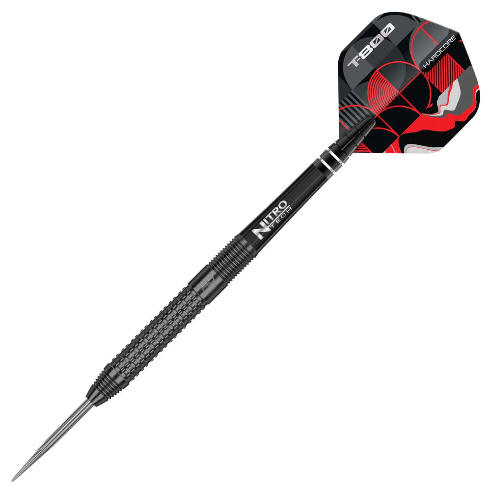 Angled full view of T-800 tungsten dart with milled grip, black shaft, and red-black T800 flights on white background