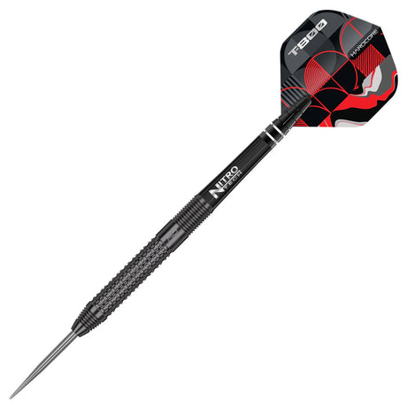 Angled full view of T-800 tungsten dart with milled grip, black shaft, and red-black T800 flights on white background